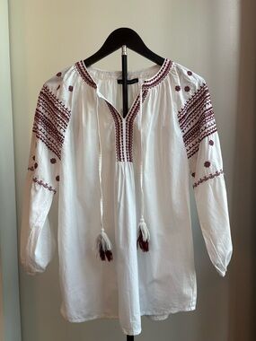 Romanian Boho White Blouse with Burgundy Embroidery